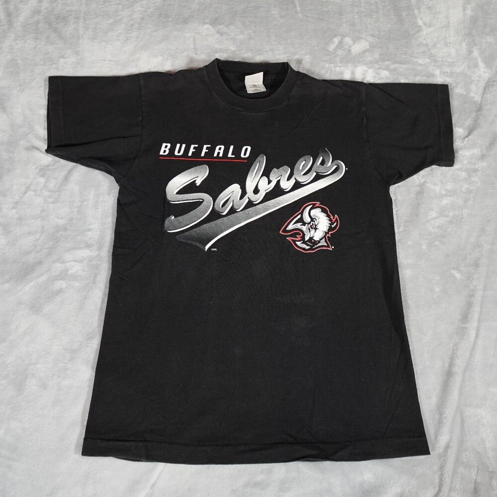 Vintage Buffalo Sabres Hockey NHL T Shirt Mens M Slim Fit 1990s Faded Black